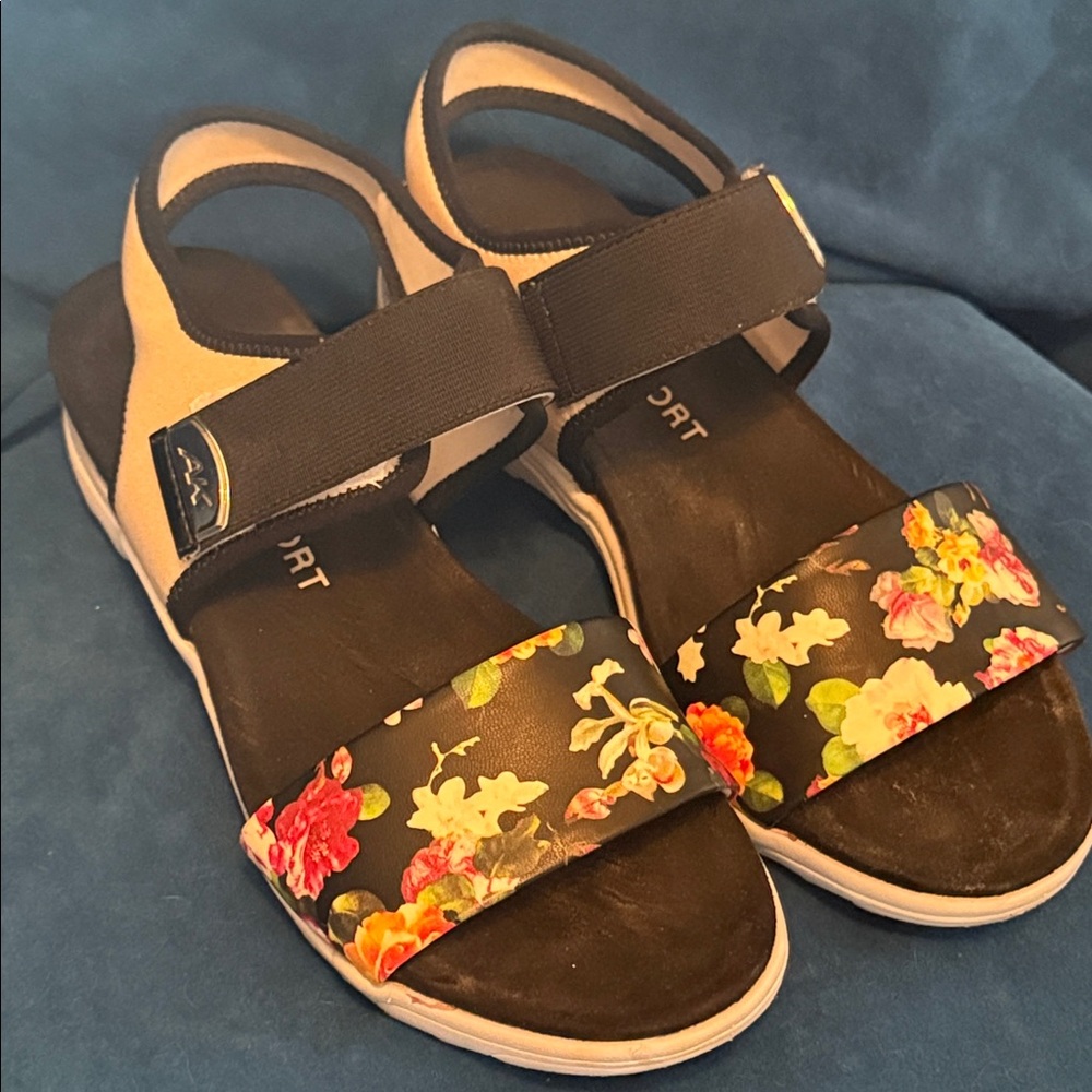 Anne Klein sport size 7.5 valcro Women's Floral Sandals - Black and Multicolor